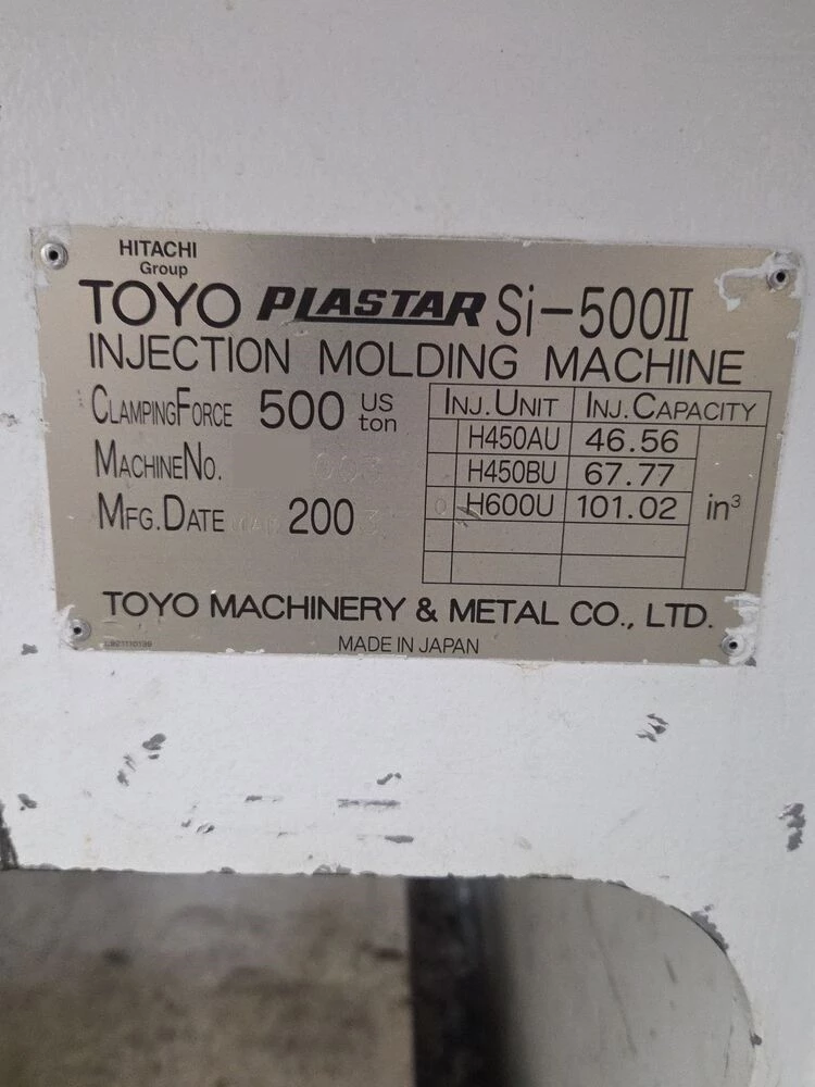 Used 500 Ton, 37 Oz., Toyo Si-500II H600U Injection Molding Machine (2003)