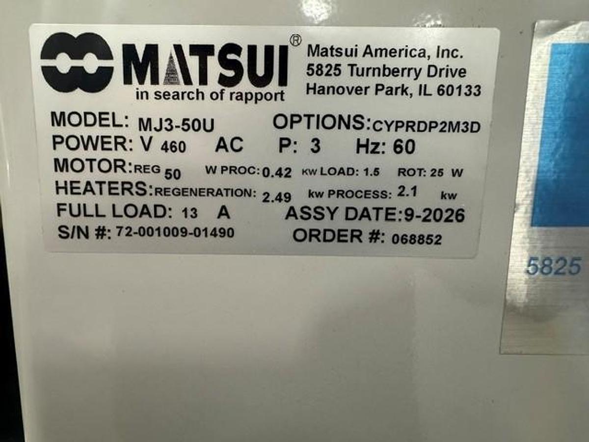 60 lb/hr Matsui MJ3-50U Material Dryer with 110 lb. Hopper (2026)