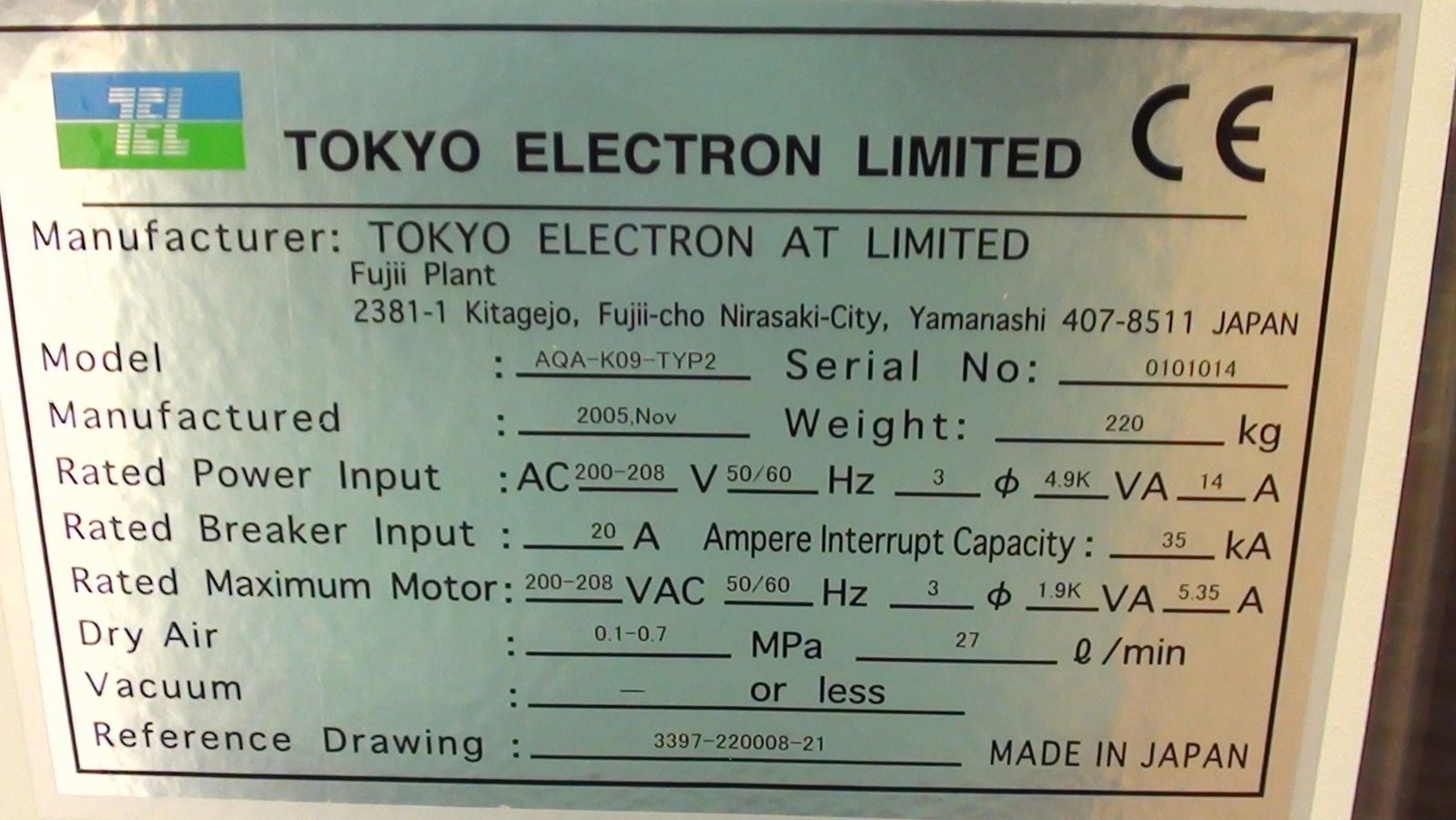 Used TEL  AQA-K09-TYP2 CHILLER P12XL