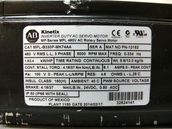 Used Allen Bradley MPL-B330P-MK74AA Kinetix Brushless AC Servo Motor 460V 5000 Rpm