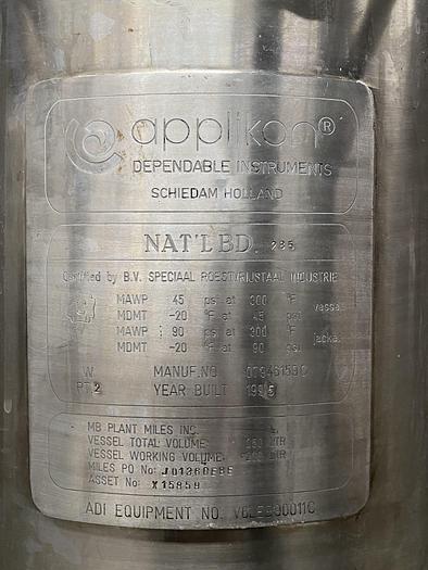 Used Applikon 250 Liter Jacketed Reactor 45 PSI @ 300° F
