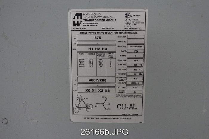 Used Hammond Manufactured Three Phase Transformer, 75 KVA, 575 High Voltage, 460y/266 Low Voltage #26166