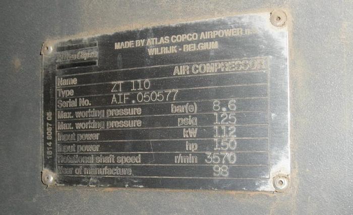 Used Compressor, Air, 150 HP, Atlas Copco, 125 PSI, Oil Free #S738545