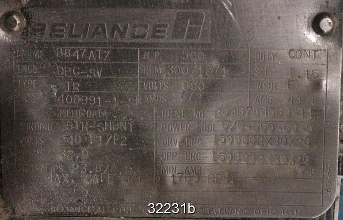 Used Reliance 26DB784660-11, 500Hp, 300-1071RPM, 600Volt, DC Motor #32231