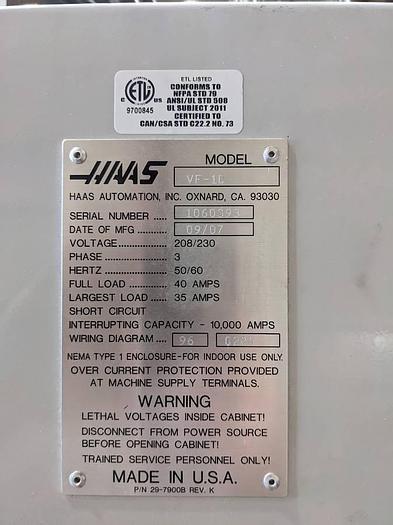 Used 2007 HAAS VF-1 5-Axis CNC Vertical Machining Center
