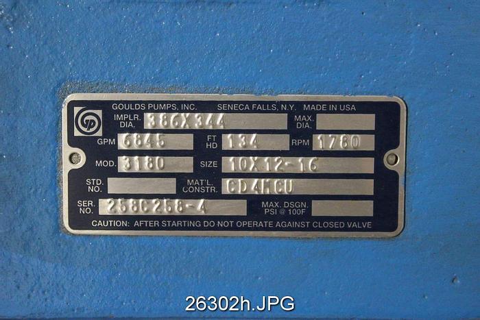 Used Goulds 3180 Goulds 3180, 10X12X16, Impeller Diameter 386X344, 6845 Gpm @ 134 Ft Head, 1780 Rpm, With John Crane Seal Support System, On Fabricated Base, New #26302