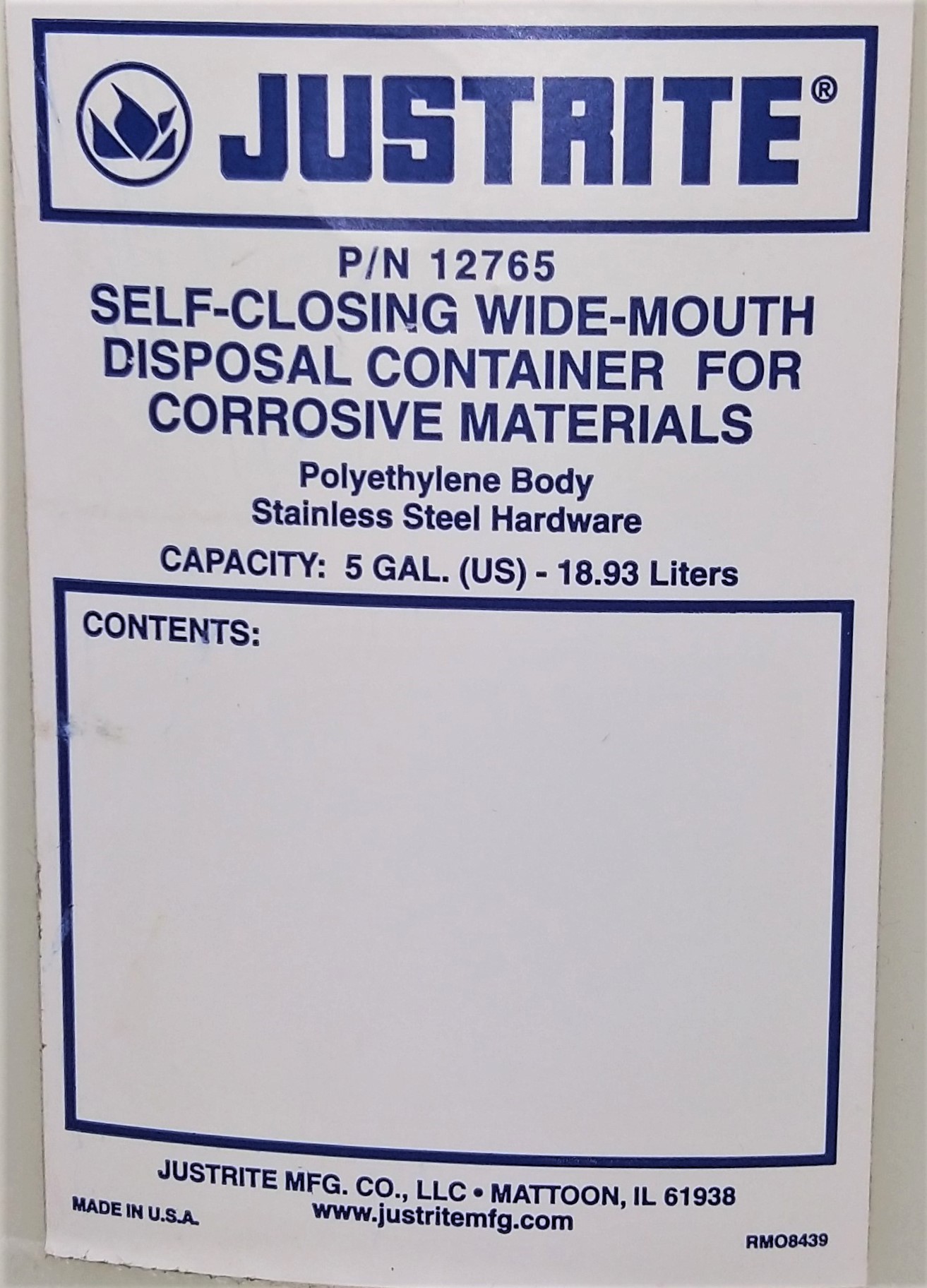Used Justrite 12765 Self-Closing Wide Mouth Safety Container - 19L (5 Gallon)