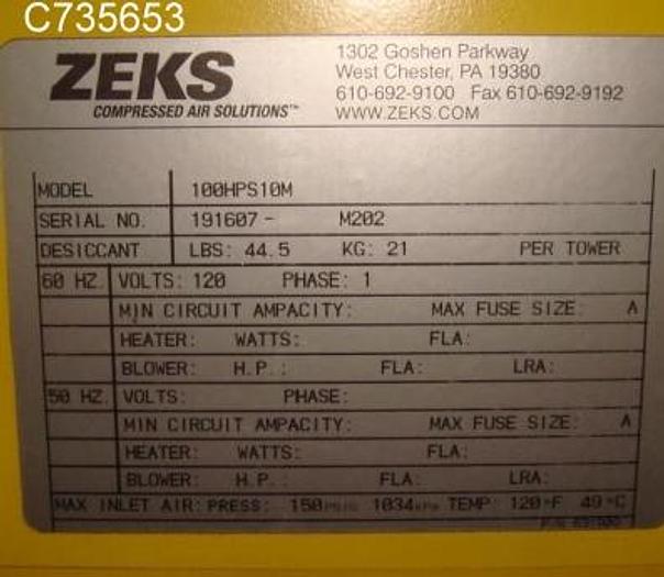 Used Compressor, Air Dryer, Zeks, Mdl 100HPS10M #C735653
