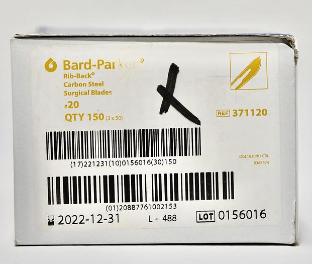 371120: ASPEN BARD-PARKER RIB-BACK CARBON SURGICAL BLADES, NO. 20, 1 BOX OF 150