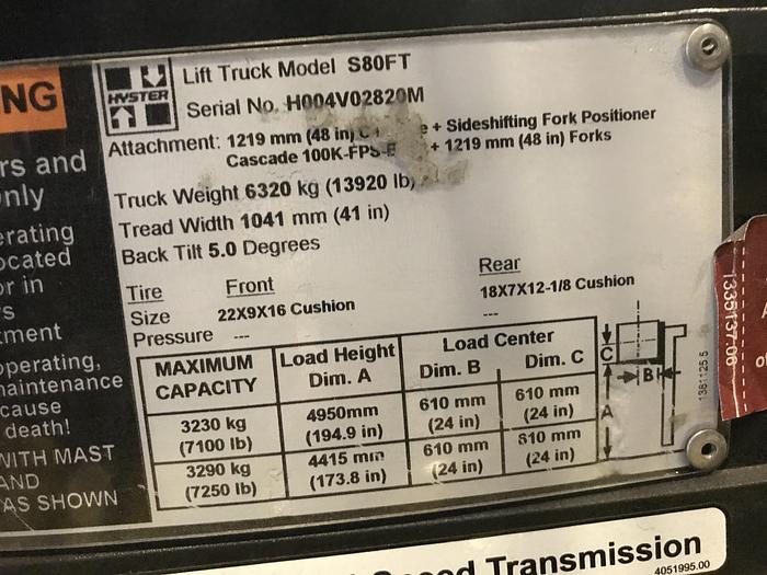 Used 8,000 POUND HYSTER MODEL S80FT W/ SIDE SHIFT 3,000 HOURS MFG. 2014