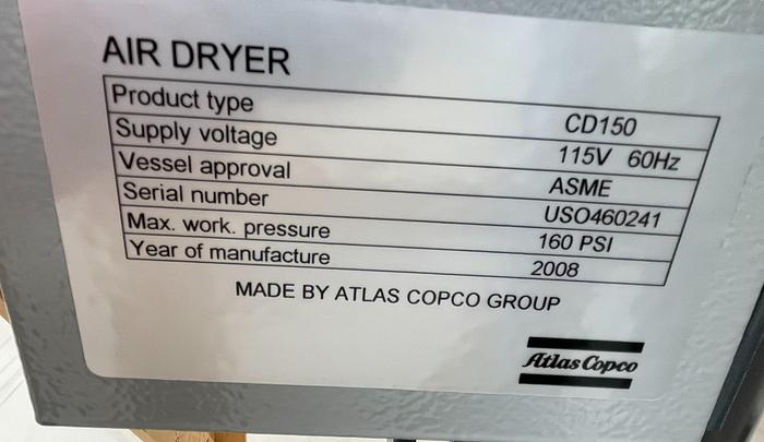 Used ATLAS COPCO MODEL CD150 DESICCANT COMPRESSED AIR DRYER - NEVER USED