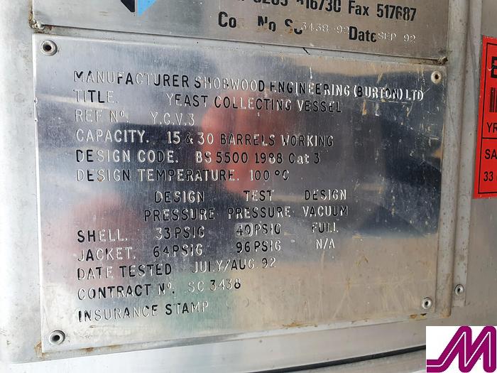 Used Shobwood Engineering 5,000 Litre Jacketed & Agitated Yeast Collection Vessel