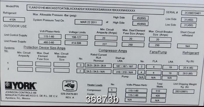 Used York YLAA010HE46XCASDTCATX 96.3 Tons Chiller Air Cooled Unit #36873