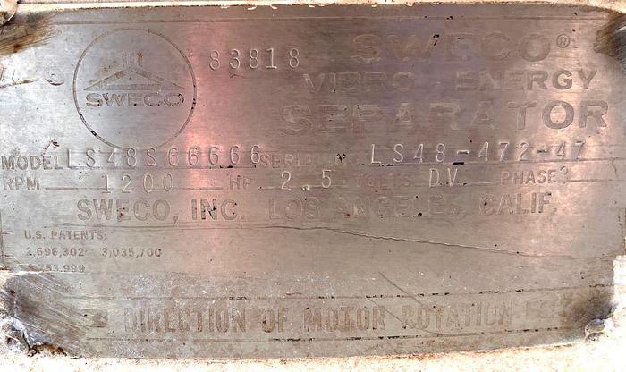 Used 48" SWECO SCREENER - S/S - 1 DECK