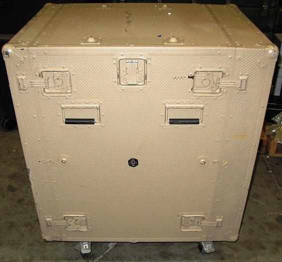 Used Spec Ops Metal Military Crate with Rack mount on Caster Wheels. Desert Tan