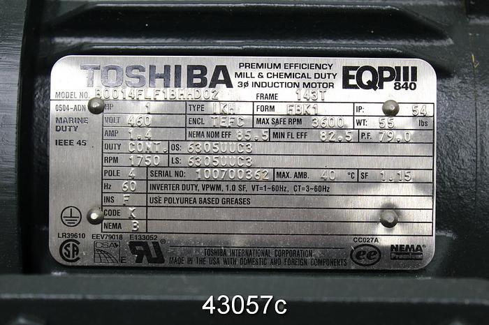 Unused Toshiba A/C 1 Hp Motor, 1750 Rpm, 460 Volts #43057