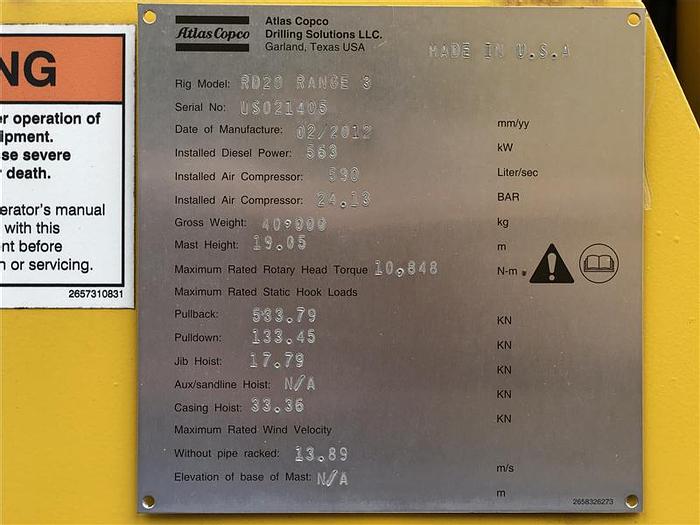 2012 Atlas Copco RD20 Range III XC Drill Rig