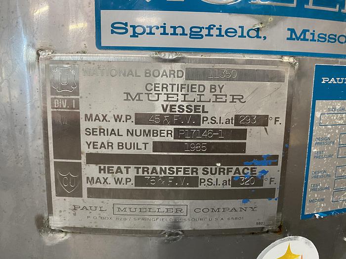 Used Paul Mueller 430 Liter 45 PSI Stainless Steel 75 PSI Jacketed Reactor w/ Mixer