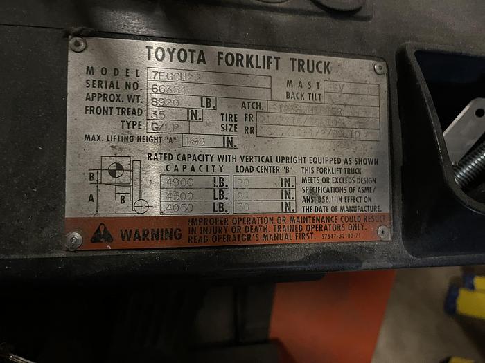 Used 5,000 POUND CAPACITY TOYOTA FORKLIFT MODEL 7FGCU25 WITH SIDE SHIFT