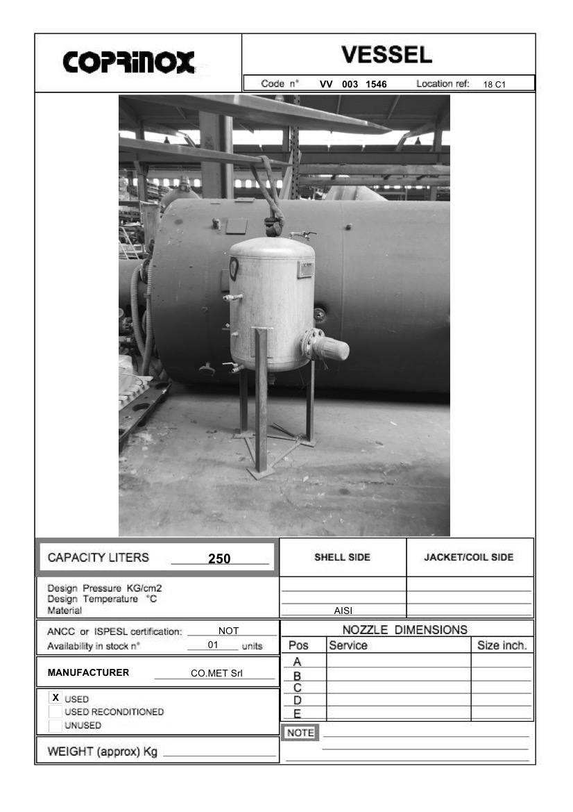 Used 250 liter CO.MET Srl tank
