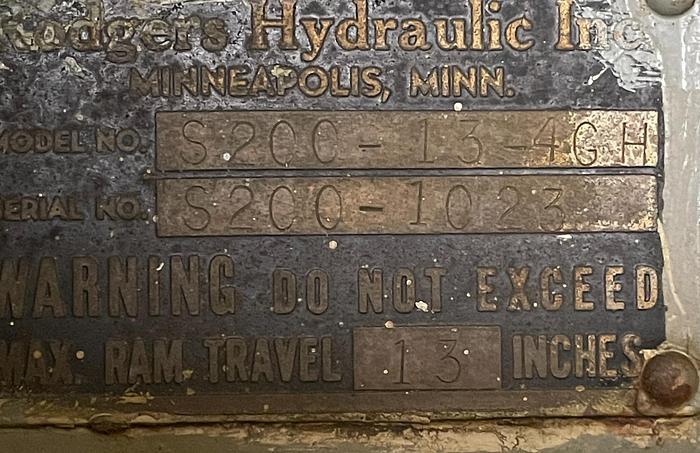 Used RODGERS S200-13-4GH 200 TON HYDRAULIC SHOP PRESS