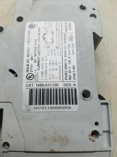 Used Allen-Bradley AB-5321 1489-A1C100 Ser A 1 Pole Circuit Breaker