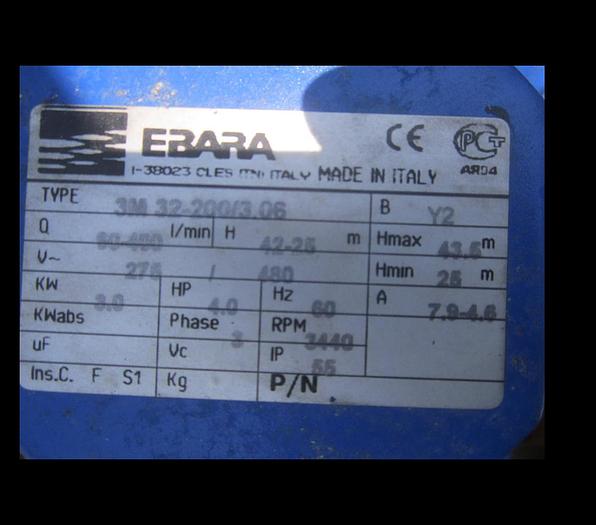 Used Pump, Centrif., 4 HP, 304 S/st, Ebara, Mdl 3M, #S739910