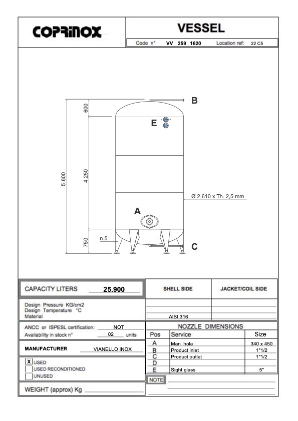 Used Serbatoio verticale 25.900 litri in acciaio inox AISI316