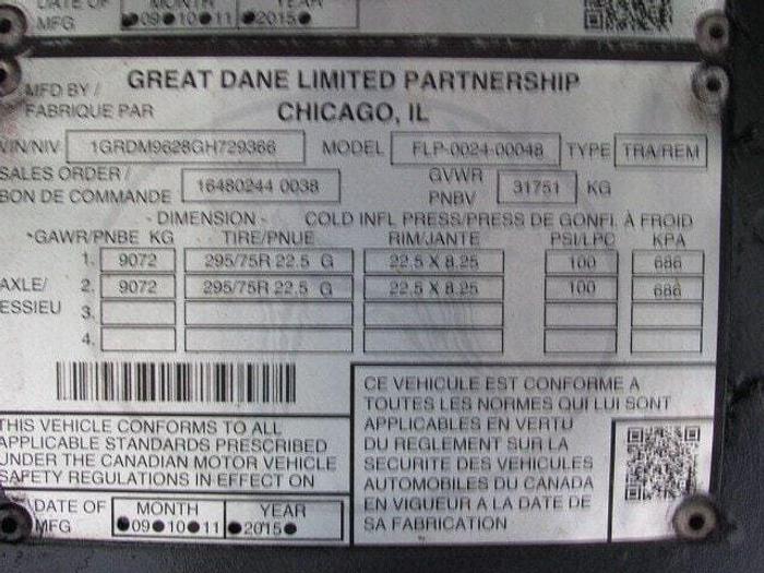 Used 2016 Great Dane Trailers 45' X 102" Flatbed Moffett Trailer