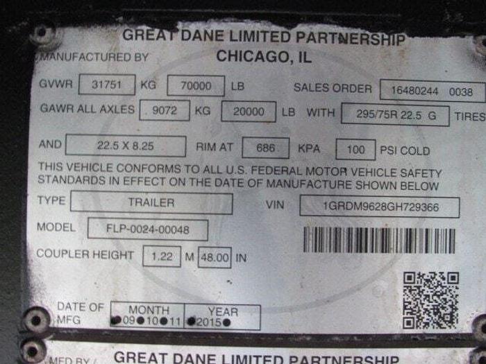 Used 2016 Great Dane Trailers 45' X 102" Flatbed Moffett Trailer