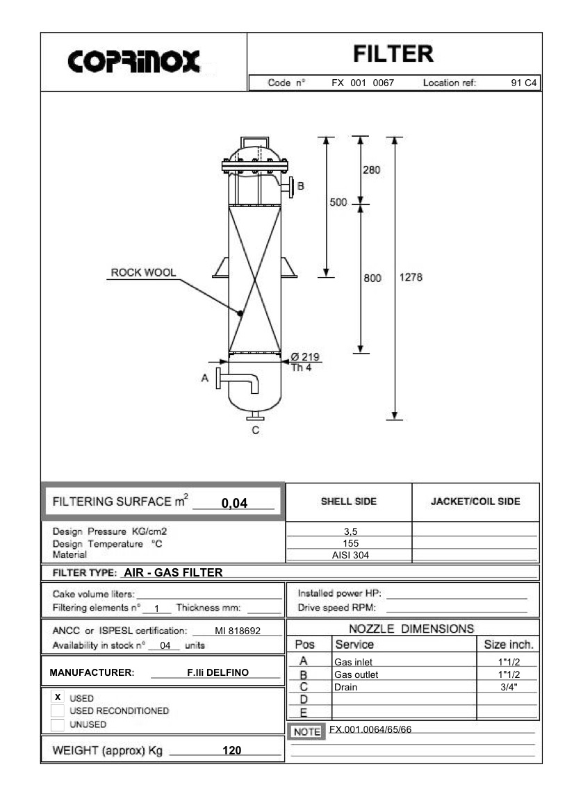 Usato Filtro aria-gas, 0,04 m2, in AISI304