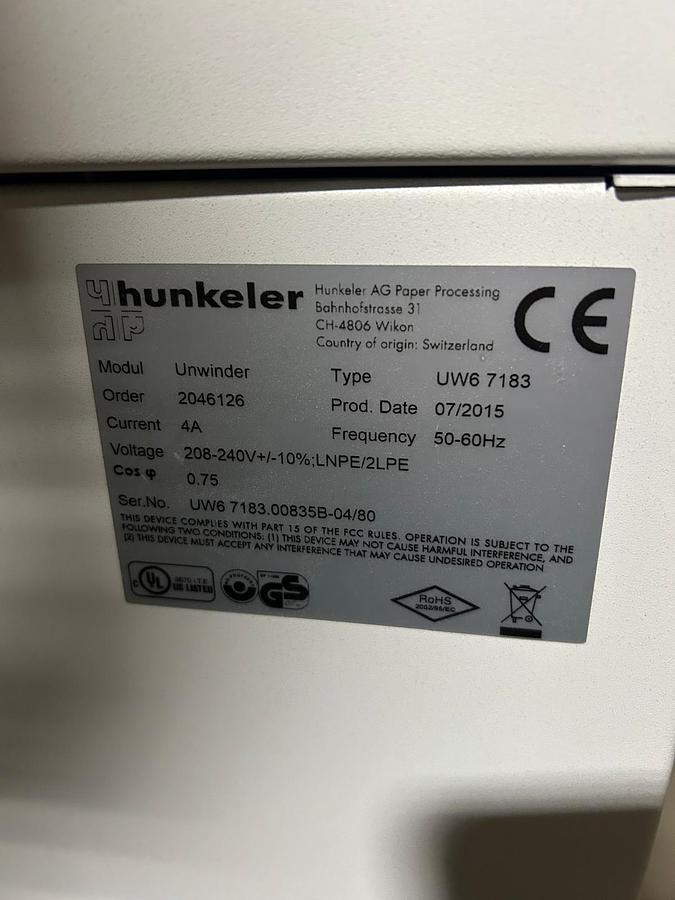 Used 2015 Hunkeler UW6 7183 Roll Unwinder
