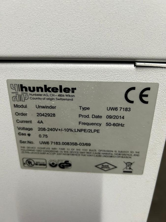 Used 2015 Hunkeler UW6 7183 Roll Unwinder