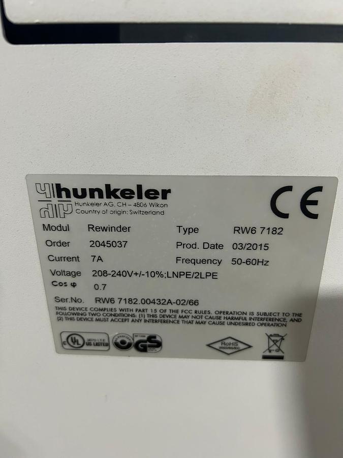 Used 2015 Hunkeler RW6 7182 Roll Rewinder