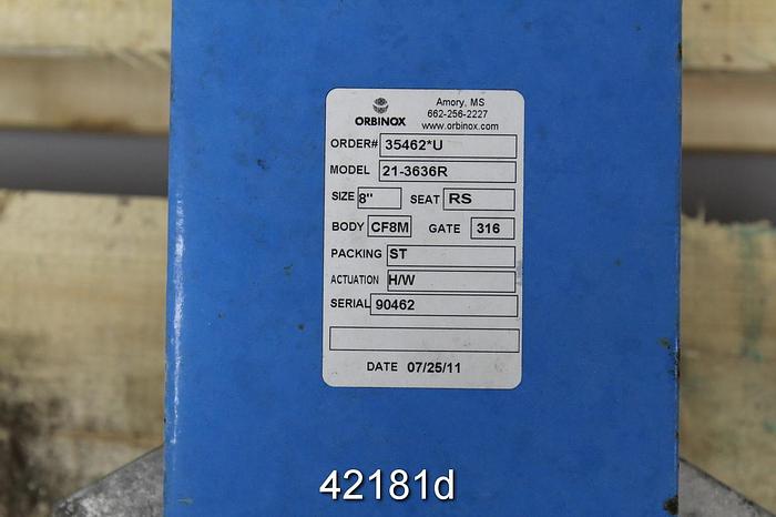 Used Orbinox 21-3636R 8" Hand Operated Knife Gate Valve #42181