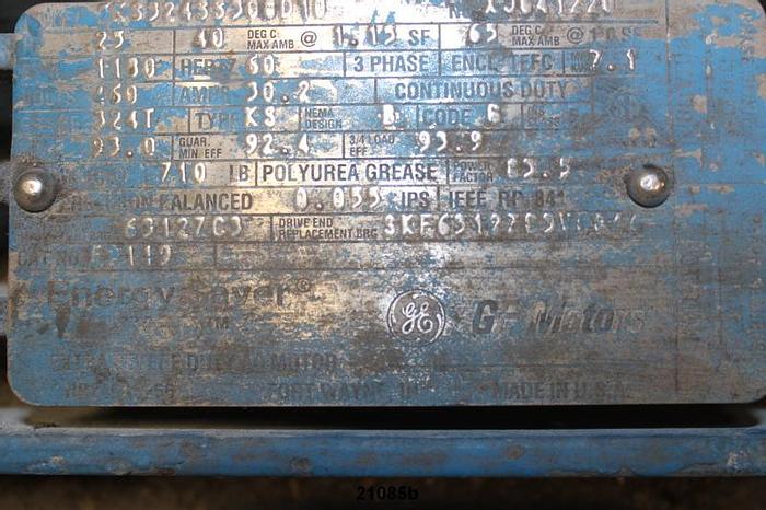 Used General Electric 5KS324SS3990D10 Motor, 25 Hp, 1180 Rpm, 460 Volt, 324T Frame, 1.15 S.F. #21085
