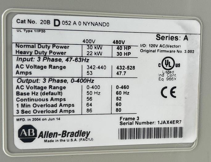 Used Allen-Bradley 20B D 052 A 0 NYNAND0 Ser A