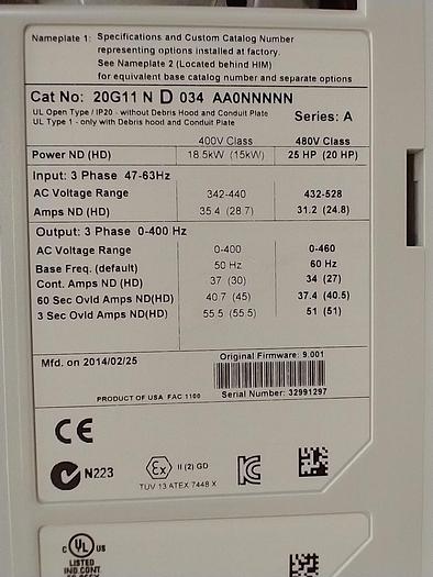 Used 2014 Allen-Bradley POWERFLEX 755 DRIVE 30HP 20G11ND034AA0NNNNN GH118