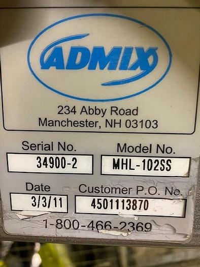 Used Admix  MHL 102 SS  Hi Shear Mixer on Hoist stand SS
