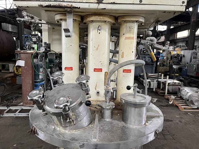 Used 100 GALLON ROSS TRIPLE MOTION MIXER - MODEL PVM-100 - S/S - VACUUM - 2 MIX CANS - WITH DISCHARGE RAM