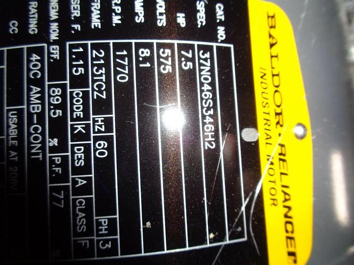 BALDOR 7.5HP 575V 1770rpm 8.1A 3PH Motor Rating 40C AMB-CONT