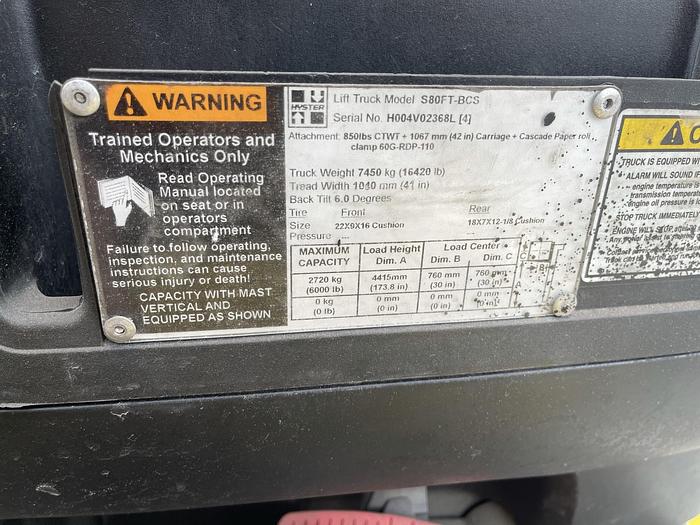 Used 8,000 POUND HYSTER MODEL S80FTBCS MFG. 2013 W/ CASCADE ROLL CLAMP
