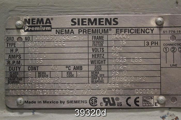 Unused Siemens 100 HP AC Motor, 1185 RPM, 460 Volts, B444T Frame #39320