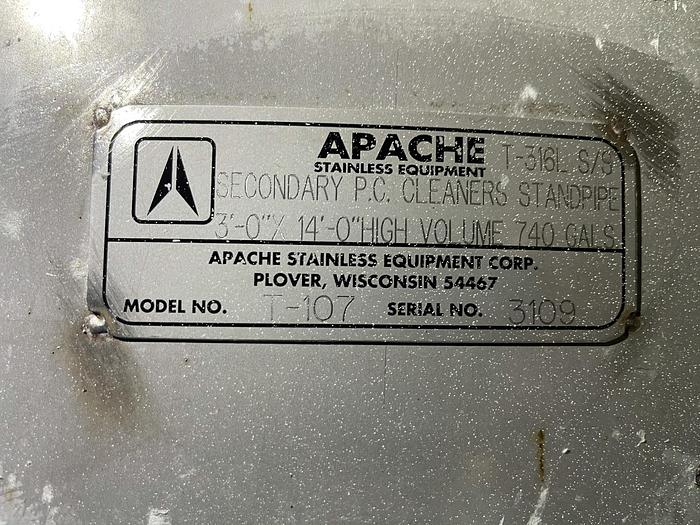 Used APACHE 3'D X 14'H STAINLESS STEEL TANK T-316L 740GAL.
