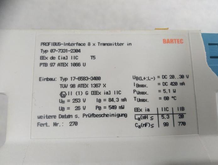 Profibus 8x4 analog 07-7331-2304 Bartec, bis 20mA, Eex, neu