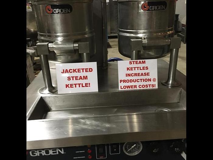 Used GROEN DOUBLE 20 QT. TRUNNION KETTLES ON SELF CONTAINED NAT. GAS BOILER BASE STAND.