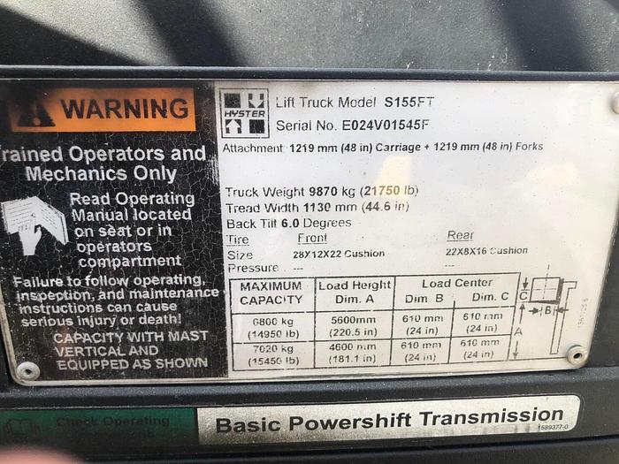 Used 15,500 POUND HYSTER MODEL S155FT W/ SIDESHIFT MFG. 2008