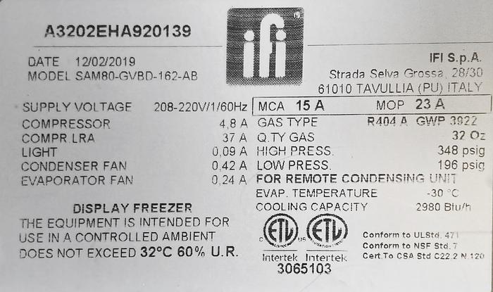 NEW, never used IFI Gelatto Freezer, manufactured in Italy, Model SAM80-GVBD-162-AB