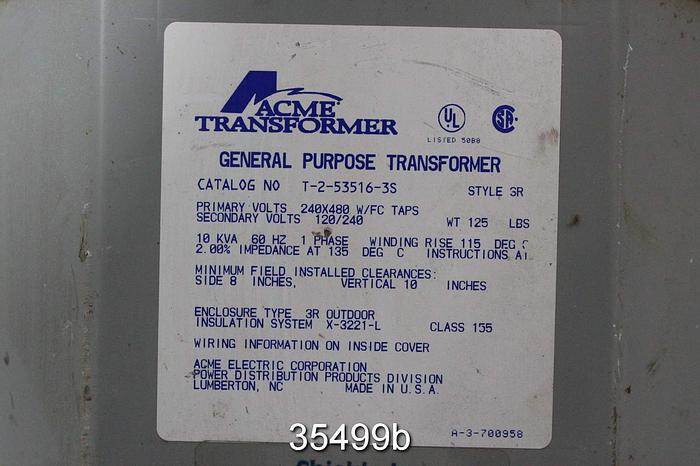 Used Acme Transformer T-2-53516-3S 10 Kva, 240x480 Primary Volts #35499