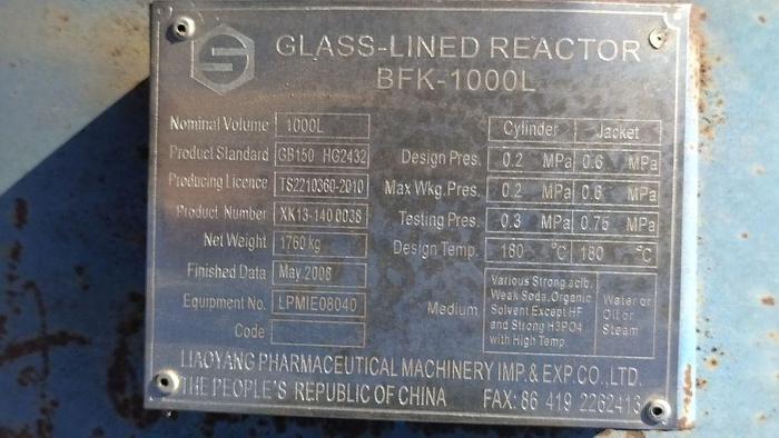 Used Reactor, 265 Gallon, Glass Lined, 30 PSI, Jkt, Agit, #S736725